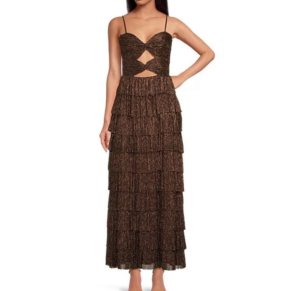 Gianni Bini, Grace Metallic Plisse Sweetheart Neck Cut-Out tiered dress (copper)